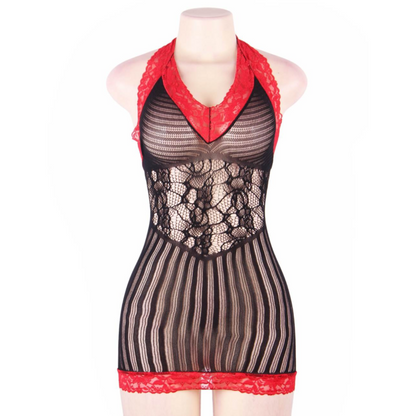 QUEEN LINGERIE - CHEMISE CROCHET NOIR ET ROUGE S/L